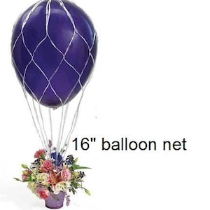May include: A purple balloon with a white net, 16" balloon net, and a bouquet of pink, white, and purple flowers in a small pot.