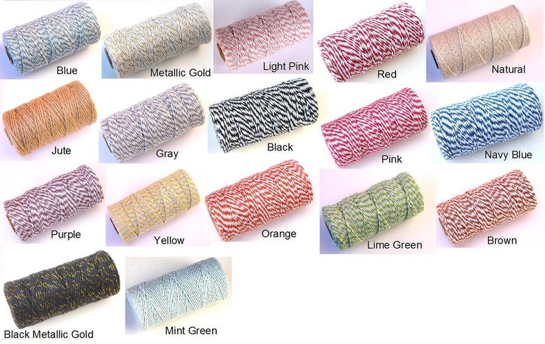 May include: Assortment of 15 spools of baker's twine in various colors, including blue, metallic gold, light pink, red, natural, jute, gray, black, pink, navy blue, purple, orange, yellow, lime green, brown, black metallic gold, and mint green.