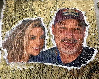 Custom Sequin Photo Pillow, Personalized Portrait Throw Pillow Cover