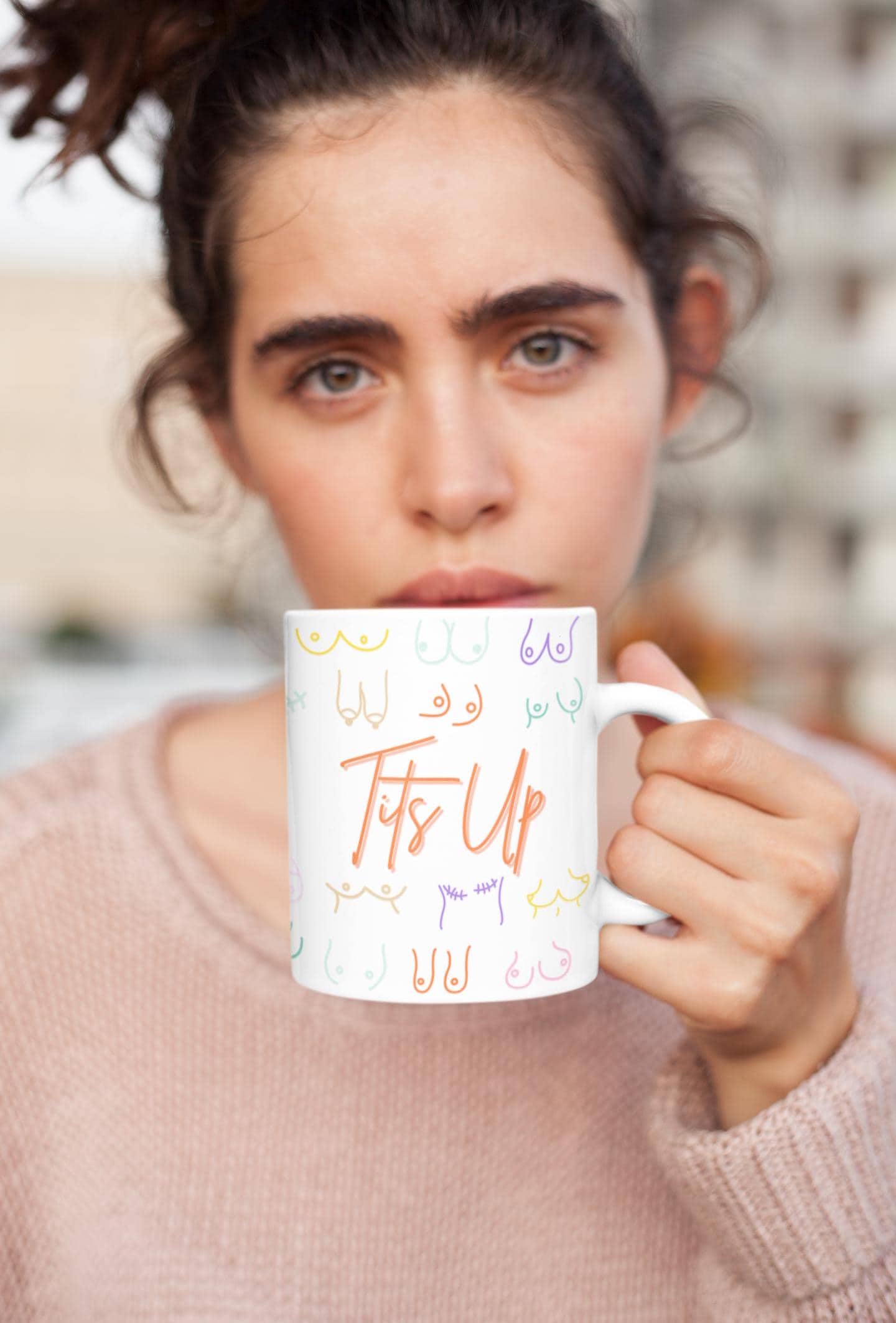 Funny Coffee Mug, Uplifting Tits Up Body Positive Breast Cancer Fighter Survivor Coffee Cup | Female Empowerment Gift, Pink Ribbon Support