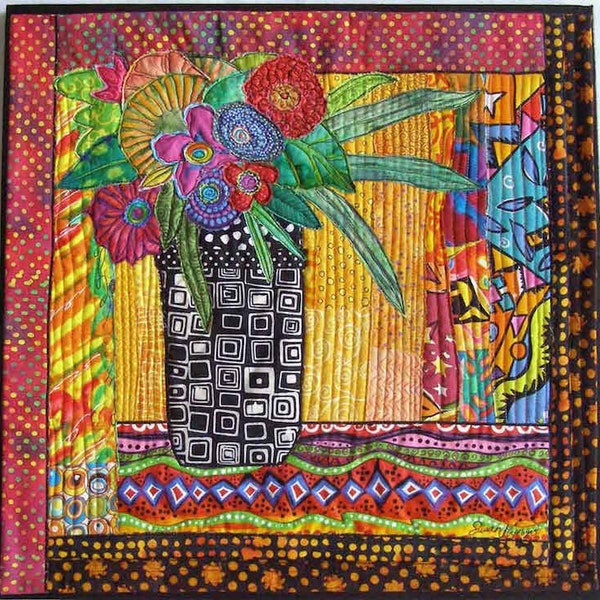 Floral Vase Art Quilt, Fiber Art Collage, Whimsical Art, Quilted Wall Hanging, Still life, Window Blooms