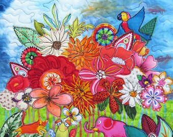 May include: A vibrant fabric quilt wall hanging featuring a dense arrangement of colorful flowers in shades of red, orange, pink, and white. An orange cat, a green frog, and a pink elephant are depicted at the base, with a blue parrot above.