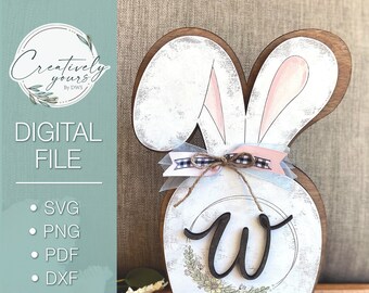 Bunny Monogram SVG, Easter Decor, Shelf Sitter Digital File, Glowforge, Laser File