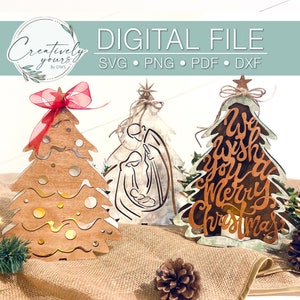 Kerstboom SVG Votief & Ornament Set, Digitaal Cut-bestand, Laserbestanden