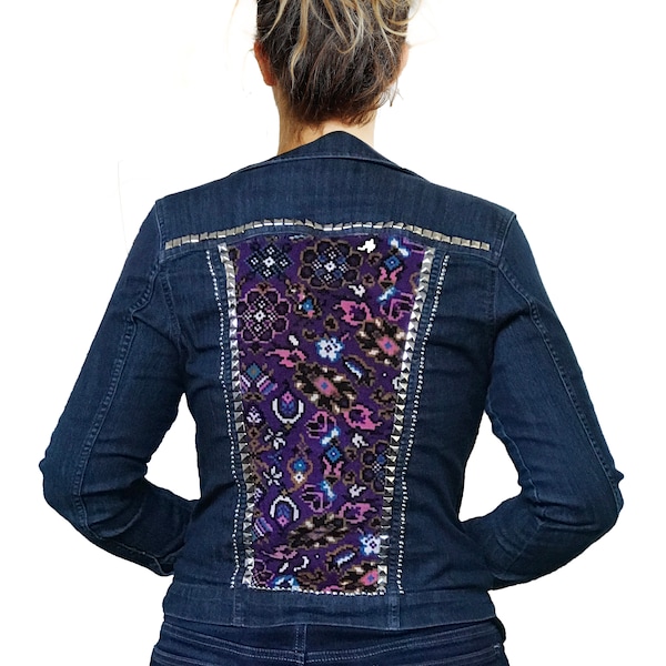 Embellished Studded One of a Kind Vintage Fabric Boho Punk Denim Jacket