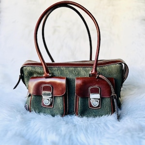 Bolso de mano con dos bolsillos de lona y piel con monograma verde aguacate vintage de DOONEY AND BOURKE