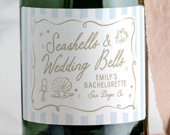 Seashells Wedding Bells Bachelorette Champagne Labels, Coastal Party Decor Liquor Stickers