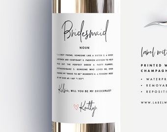 Will You Be My Bridesmaid wine labels, bridesmaid Definition Champagne Labels - Ask Bridesmaid Card - Bridesmaid Proposal Gift Box