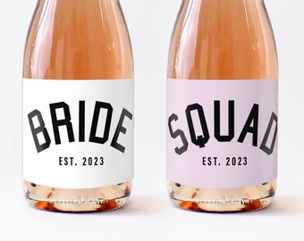 Bride Squad Mini Champagne Labels, Bachelorette Party Stickers, Varsity Bridesmaid Proposal Box Idea, Hens Party Wine Labels