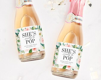 She's Ready to Pop Bottle Labels, Momosa Bar Mini Champagne Labels, Baby Shower Wine Label, Pop it When She Pops Baby Shower Mini Wine Favor