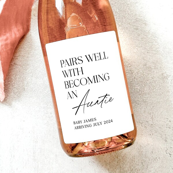 Baby Announcement Pairs Well Auntie Gift | Pregnancy Reveal Wine Label for Grandparents  |  Baby Announcement Champagne Sticker OLV