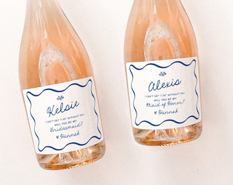 Wavy Bridesmaid Proposal Wine Label, Mediterranean Maid of Honor Proposal, Something Blue Bridesmaid Champagne Label, Officiant Proposal, BI