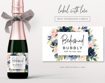 Bridesmaid Mini Champagne Labels, Bridesmaid Proposal, Bridesmaid Gift, Bachelorette Favor, Navy Wedding, Maid of Honor, Bridesmaid Box BNB1