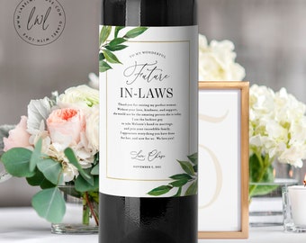 In Law Wine Labels - Wedding Thank You Gift Parents of the Bride and Groom - Mother in Law Father in Law Gift Greenery
