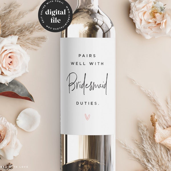 Printable Wine Labels Pairs Well with Bridesmaid Duties, Will You Be My Bridesmaid Proposal Template, Maid of Honor Gift Card