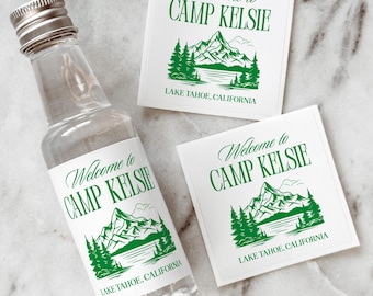 Camp Bachelorette Mini Shot Labels, Camp Bach Party Favors, Camping Birthday Custom Liquor Labels, 50 mL Tequila Labels, Glamping Party
