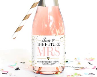 Set of Bridal Shower Mini Champagne Labels - Cheers to the Future Mrs Bachelorette Party Favors Faux Glitter Miss to Mrs.