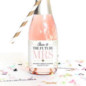 Set of Bridal Shower Mini Champagne Labels - Cheers to the Future Mrs Bachelorette Party Favors Faux Glitter Miss to Mrs.