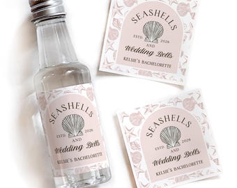 Seashells Wedding Bells Bachelorette Shot Labels, Beach Bach Party Favor