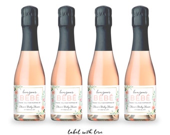 Bonjour Baby - About To Pop Mini Champagne Labels - Baby Shower Favors - Champagne Bottle - Baby Sprinkle Decorations - Label Stickers