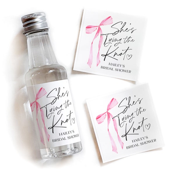 Bridal Shower Mini Shot Labels | Tying The Knot Shower Favor | Bow Bachelorette Liquor Labels | 50 mL Tequila Labels | From Miss to Mrs