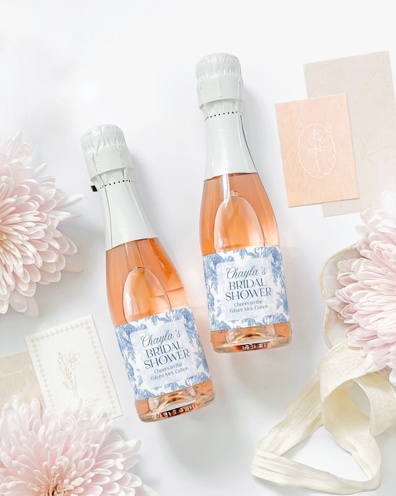 Blue Floral Bridal Shower Mini Champagne Labels, Chinoiserie Bridal Shower Favor - Something Blue Bridal Shower Decor