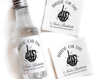 Bride or Die Bachelorette Liquor Bottle Labels, Goth Bridal Shower Favors