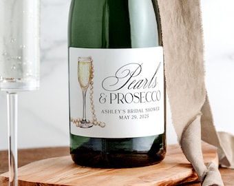 Pearls and Prosecco Bridal Shower Champagne Labels, Elegant Bridal Shower Champagne Favor Stickers, Pearl Bachelorette Party Decorations,