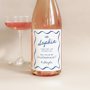 Wavy Bridesmaid Proposal Wine Label, Mediterranean Maid of Honor Proposal, Something Blue Bridesmaid Champagne Label, Officiant Proposal, BI