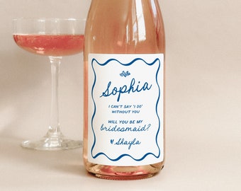 Wavy Bridesmaid Proposal Wine Label, Mediterranean Maid of Honor Proposal, Something Blue Bridesmaid Champagne Label, Officiant Proposal, BI