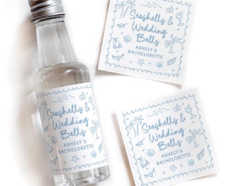 Whimsical Seashells & Wedding Bells Mini Liquor Labels, Coastal Bachelorette Party Favor, Bach Bag Label, Last Toast on The Coast Stickers