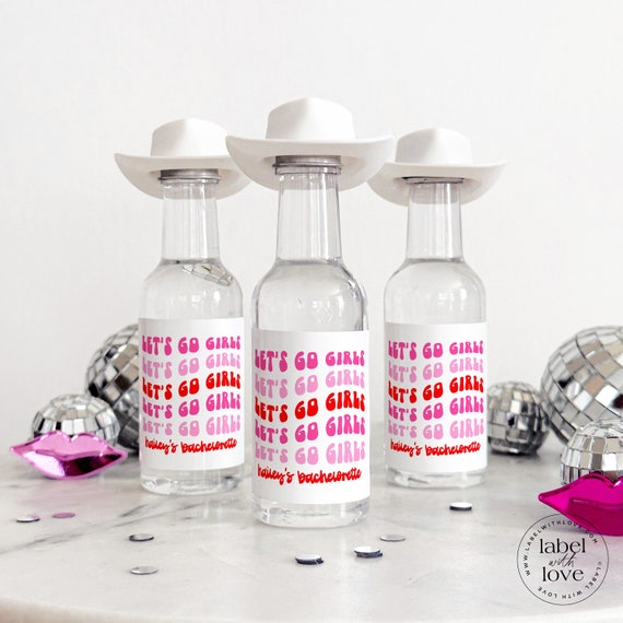 Let's Go Girls Bachelorette Liquor Bottle Labels 50 mL, DIY Tequila Shots, Pink Red Cowgirl Bachelorette Bag Favors Mini Shot Labels