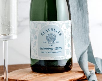 Seashells and Wedding Bells Champagne and Prosecco Labels, Coastal Beach Bachelorette Decor, Last Toast Bridal Shower Labels