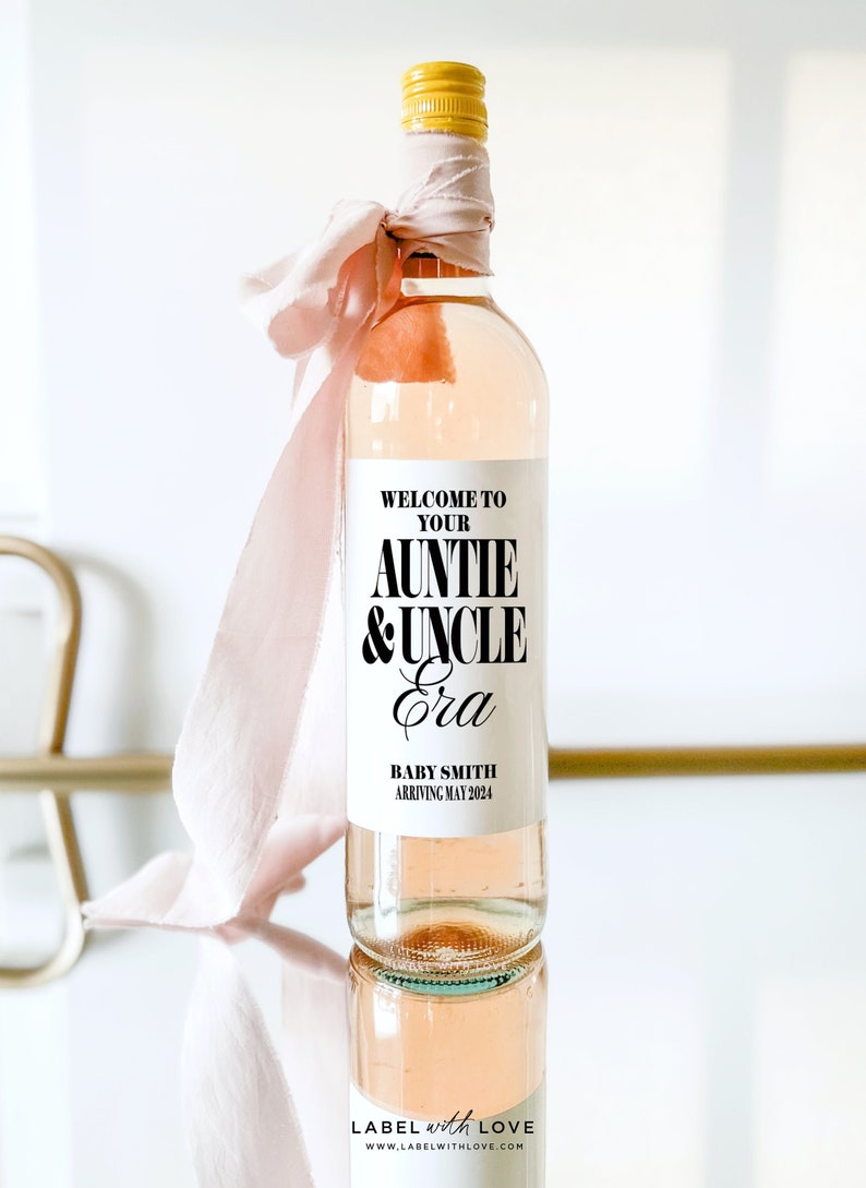 Aunt & Uncle Pregnancy Announcement Wine Labels Auntie Era Pregnancy Reveal Idea Auntie Gift Mom Era Wine Stickers image 1