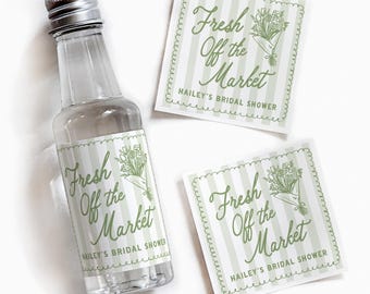 Fresh Off Market Bridal Shower Labels | Mini Champagne Wine Bottle Decor