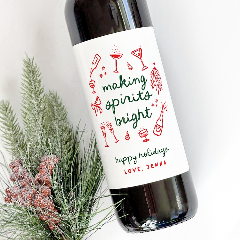 Whimsical Christmas Wine Bottle Labels, Holiday Party Decoration, Hand Drawn Holiday Sticker, Co-worker Gift
