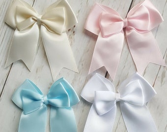 6x Satin Ribbon Pre-tied Double Pinched Bows. Pink Blue White Ivory 70mm Wide