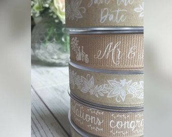 Natural wedding ribbon. mr & mrs, save the date, congratulations. hessian, chic