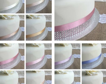 Satin & Diamante ribbon cake decoration. Wrap sash pink blue peach wedding party