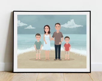 Custom Family Portrait Illustration with Custom Background, Wedding Portrait Illustration, Beach Personalized Family Portrait