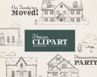 Hand Drawn House Clipart, Paper Texture Background, Commercial Use, House Vector Images, Housewarming Invites, We've Moved Instant Download