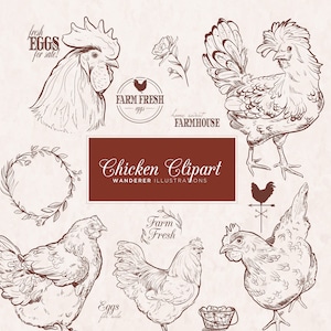 Hand Drawn Chicken Clipart, Vintage Chicken Prints, Farmhouse Decor Vector Images, Chicken Clipart, Black and White Chicken Art