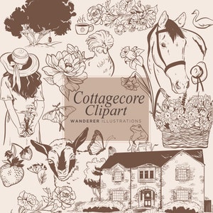 Clipart de Cottagecore desenhado à mão, impressões de chalé vintage, imagens vetoriais de decoração de casa de fazenda, clipart de fazenda, arte floral em preto e branco