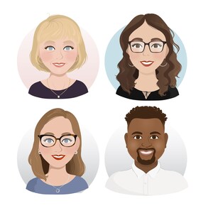 May include: Four illustrated portraits of people with different hairstyles, skin tones, and clothing. The portraits are set against a white background.