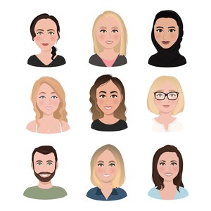 May include: A collection of nine diverse cartoon avatars, featuring both men and women with various hairstyles, clothing, and facial expressions.