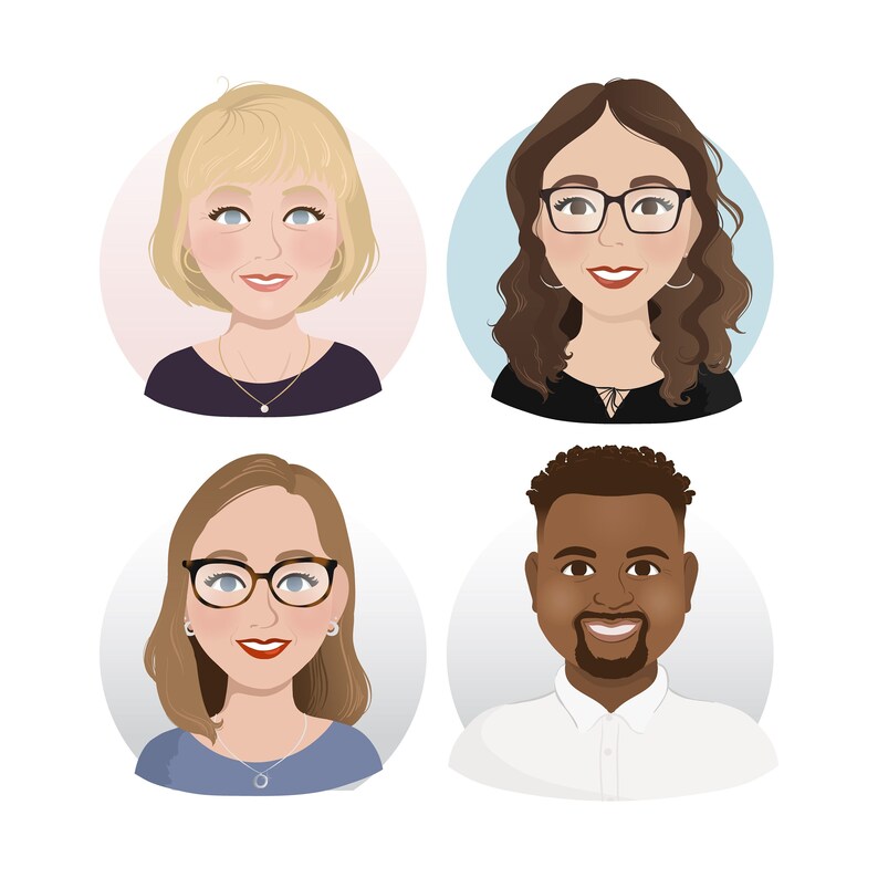May include: Four illustrated portraits of people with different hairstyles, skin tones, and clothing. The portraits are set against a white background.