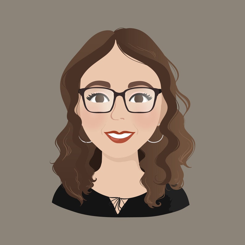 May include: A woman with brown wavy hair wearing black framed glasses and a black top with a lace detail at the neckline. She is smiling.