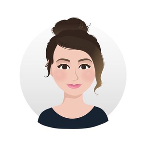 May include: A woman with brown hair pulled back in a bun, wearing a dark blue shirt and looking directly at the camera.