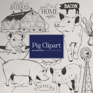 Hand Drawn Pig Clipart, Vintage Pig Prints, Farmhouse Decor Vector Images, Pig Clipart, Black and White Pig Art, Vintage Sketches
