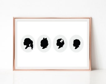 Custom Silhouette Portrait Illustration for Large Family, Nursery Decor, Family Portrait, Digital Child Silhouette, Pet Silhouette